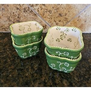Temptations Floral Lace Design Green 8oz Square Set Of 4 Ramekins Baking Dishes